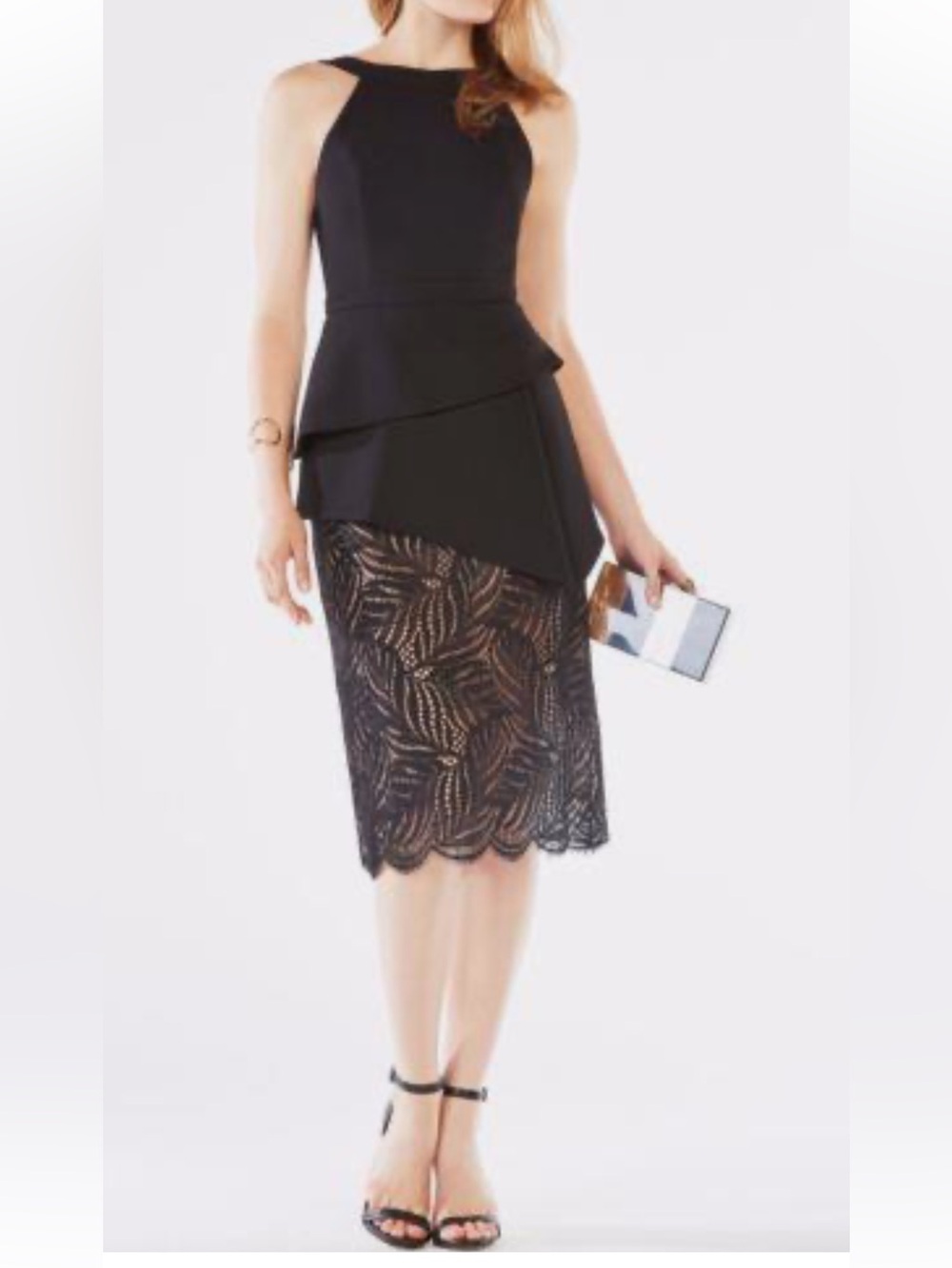 BCBG MaxAzria Reya Black Peplum  Lace Panel Cocktail Midi Dress Open Back sz 4